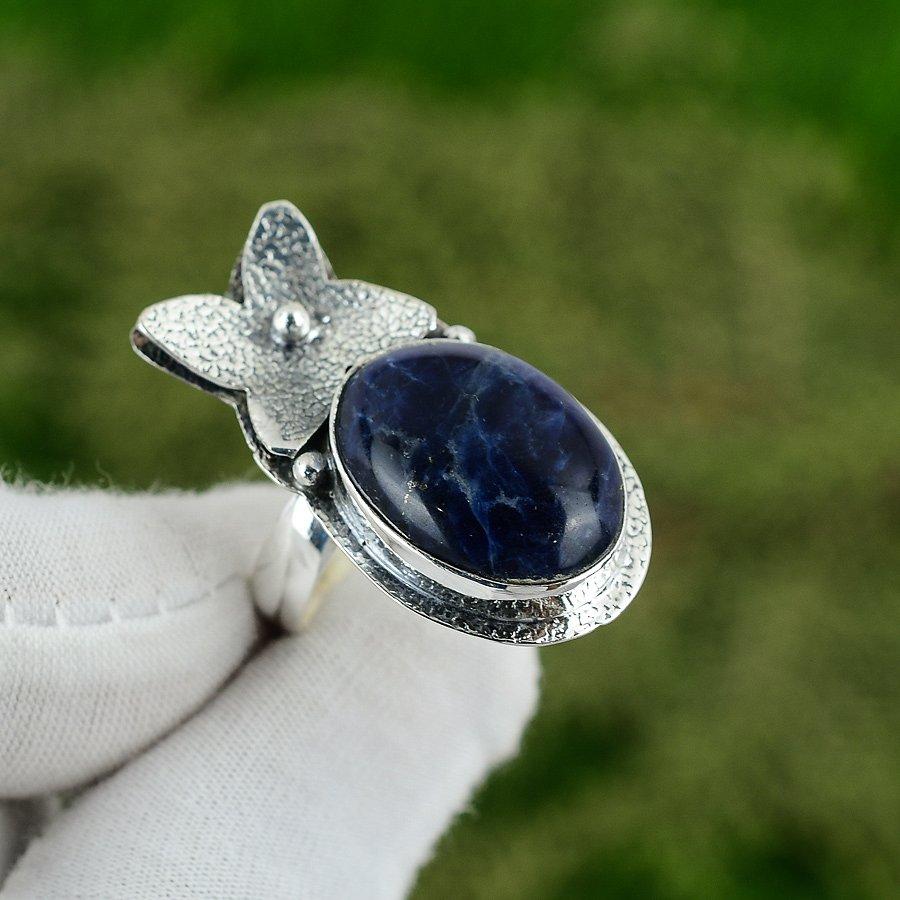 Natural Sodalite Gemstone 925 Silver Statement Adjustable Ring For Women