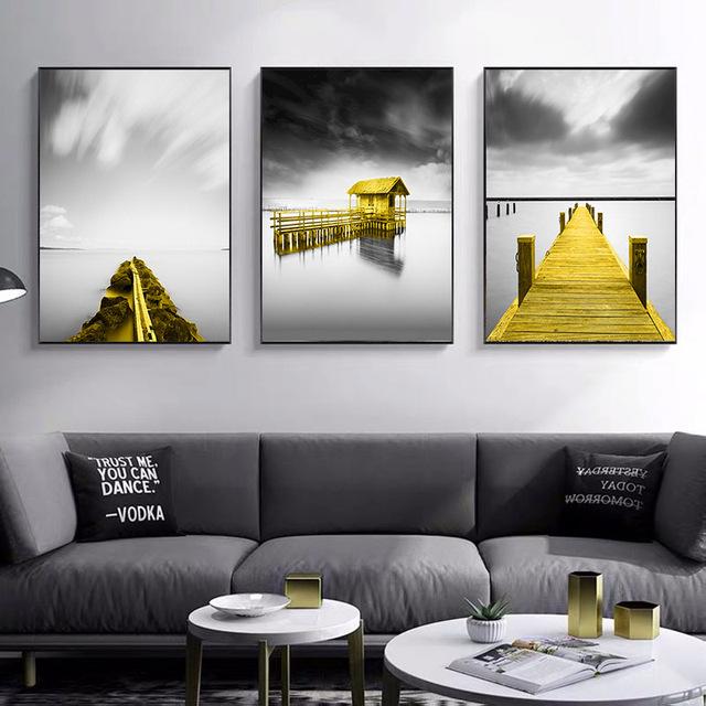 Золотой Ретро природный пейзаж холст плакат скандинавская лодка дерево озеро настенное искусство современное украшение дома картина для внутренних картин