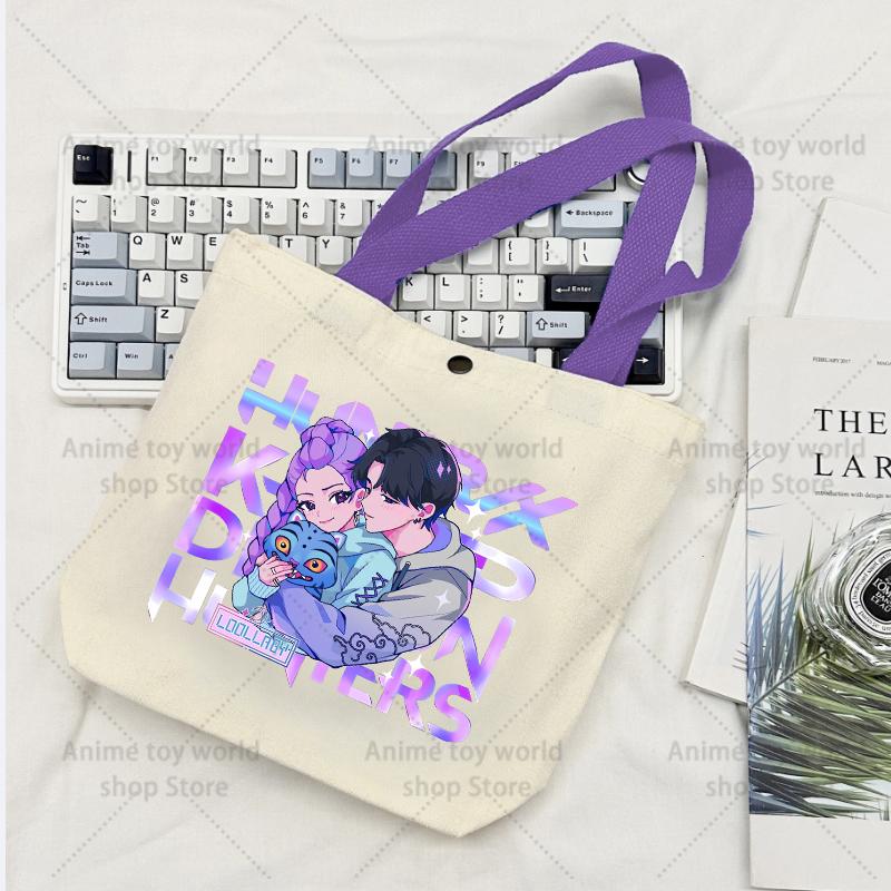 KPop Demon Hunters GIRLS Canvas Shopping Bags Women Cotton Tote Bags Reusable Cartoon Letter Shoulder Bag Grocery Handbag Beige