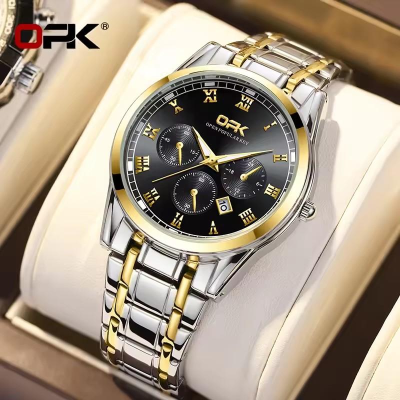 OPK 8119 Dual Calendar Men's Quartz Watch Waterproof Luminous Stainless Steel Wristwatch with Stainless Steel Band for Men