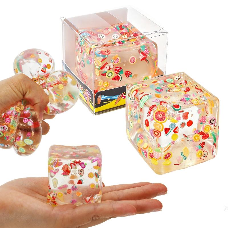 Colorful Cut Fruit Confetti Transparent Cube Squeeze Toy Soft Fidget Toy for Christmas Stocking Stuffers