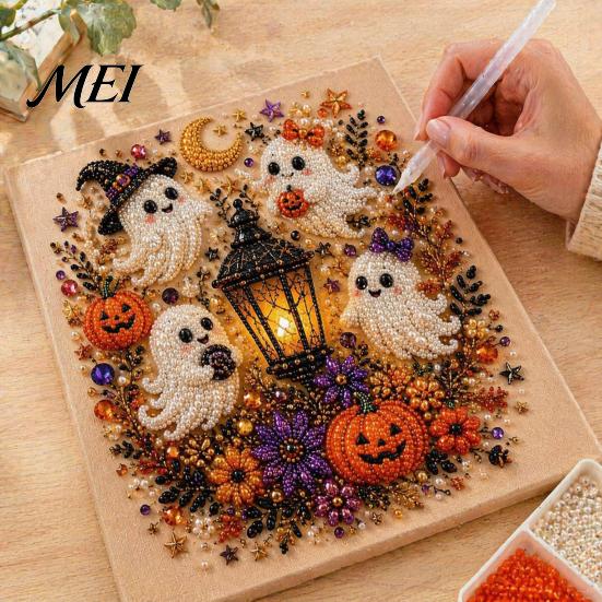 Handmade Holiday Gift Ideas Halloween Faux Pearl Art DIY Kit, Spooky Cute 3D Beads Painting Crafts, Mosaic Crafts for Adults Gothic Ghost Pumpkin Cat