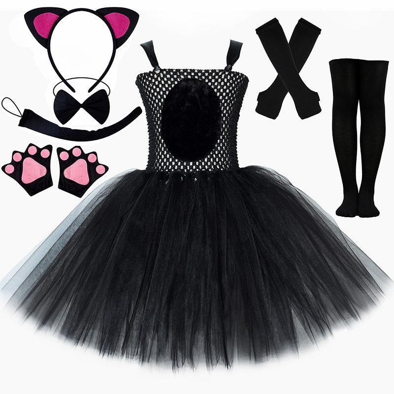 Girls for Black Panther Cat Tutu Dress Costume Halloween Carnival Party Animal Dress Up Clothes Outfit with Ear Bowtie Tail