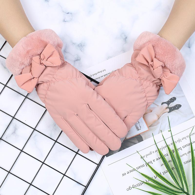 Winter Warm Gloves for Women with Velvet Waterproof Windproof Outdoor Cycling Touchscreen Butterfly Knot Cotton Gloves