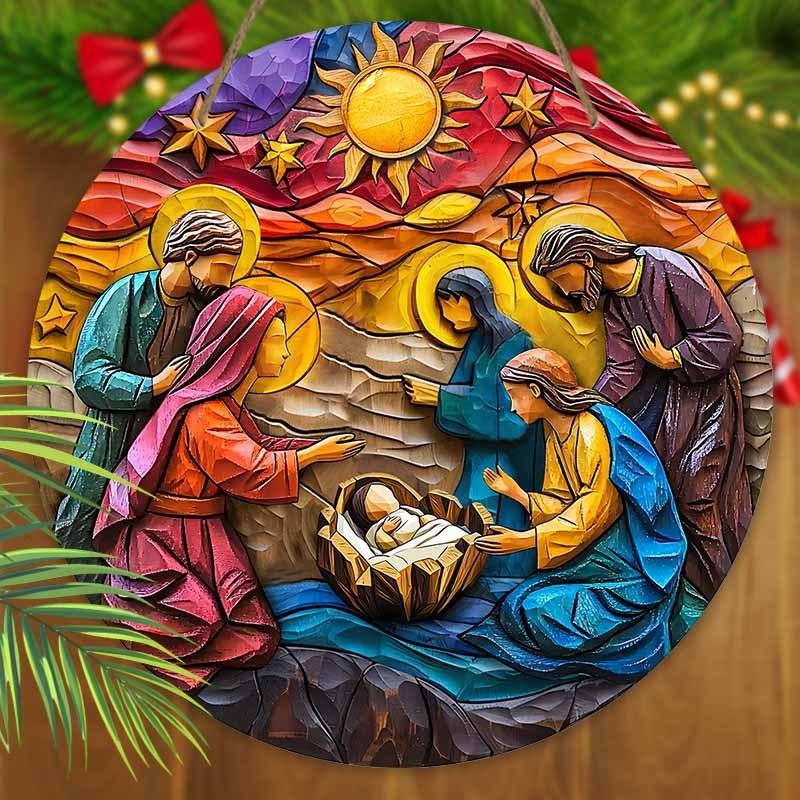 5 шт. красочный рождественский вертеп деревянный рождественский знак - 2D плоский резной Иисус круглый настенный декор для входной двери, идеальный христианский подарок