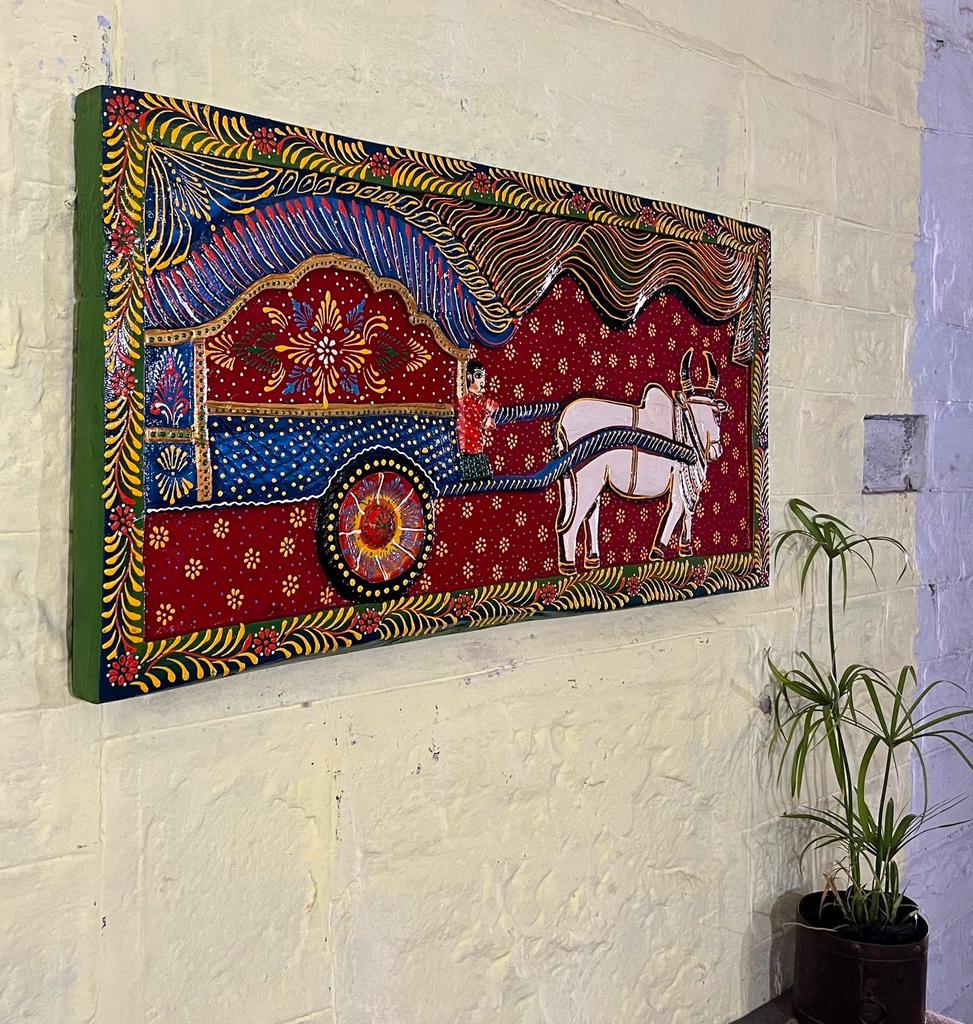 Vintage Hand-Painted Wooden Bullock Cart Panel: Traditional Wall Art