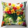 Double-Sided Printed Pillow Covers, Vibrant Tulip Daffodil Bouquet Butterflies Print Cushion Cases Nature-Inspired Home Decor