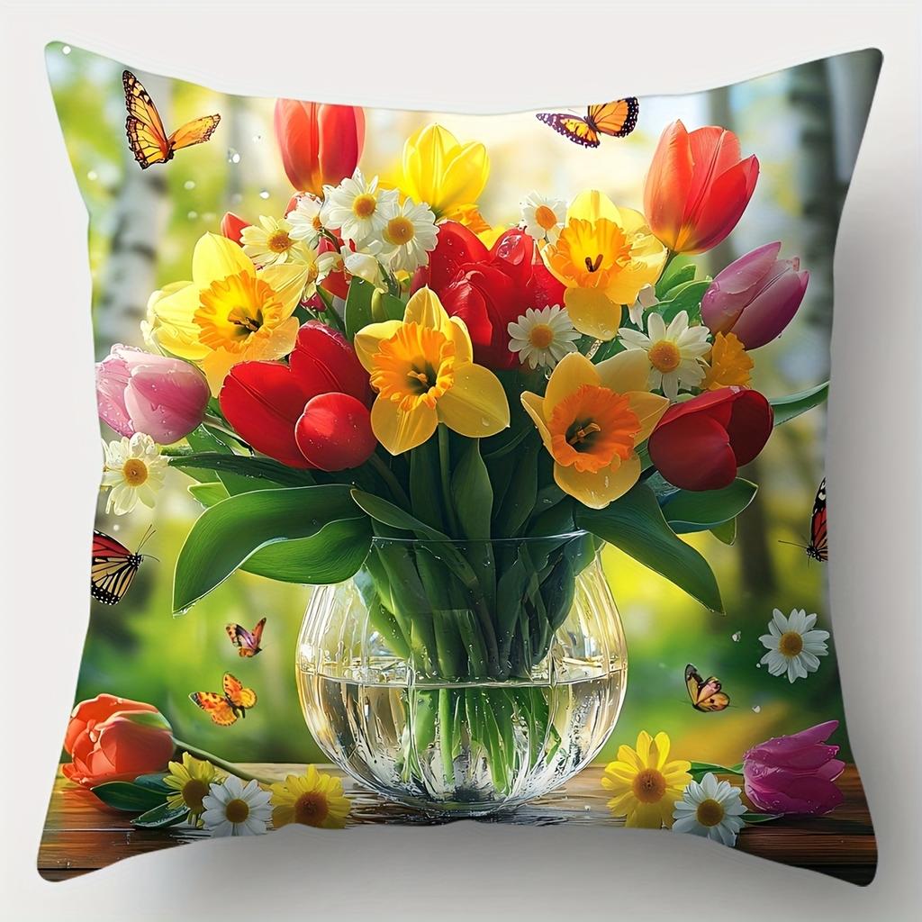Double-Sided Printed Pillow Covers, Vibrant Tulip Daffodil Bouquet Butterflies Print Cushion Cases Nature-Inspired Home Decor