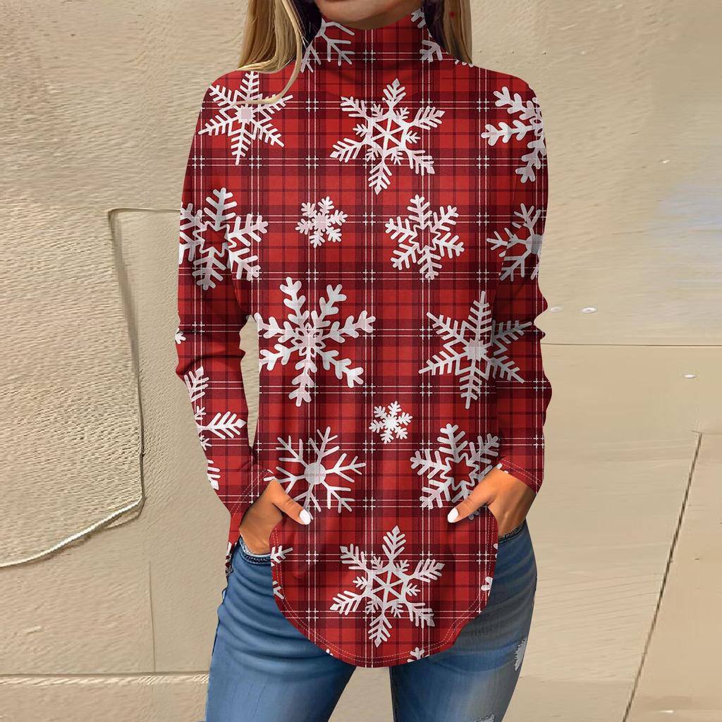 Футболки для женщин, осенние повседневные рубашки с длинными рукавами, толстовка с винтажным принтом, топ с высоким воротом, пуловер