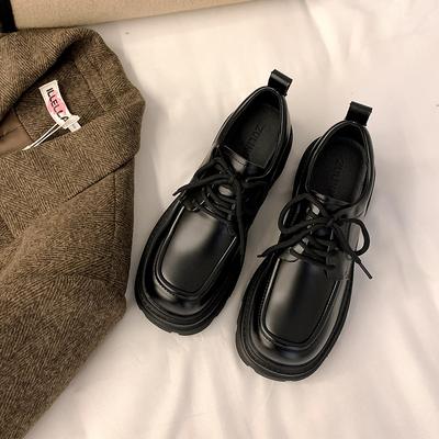 Fenglefu маленькие кожаные туфли женские на платформе весенние новые лоферы черные восемь толстый каблук шнуровка одинарные туфли