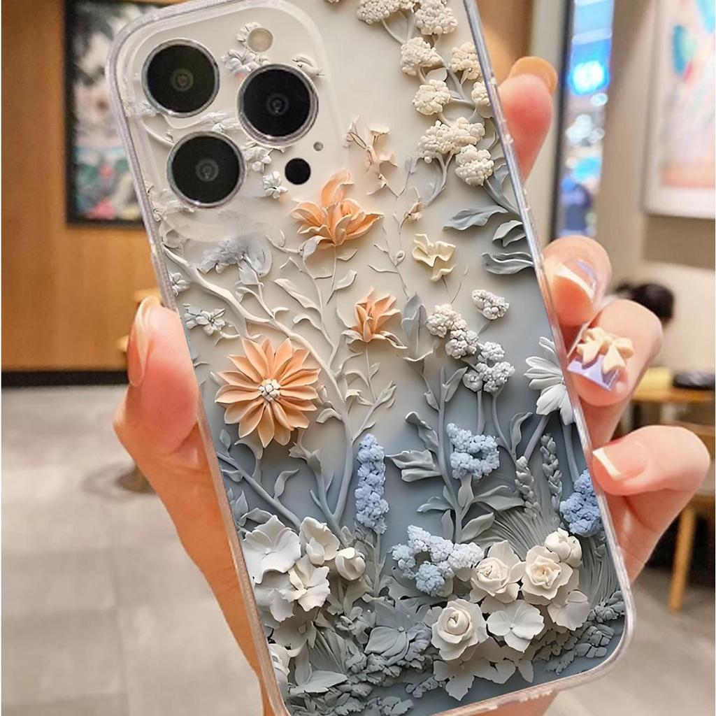 Shockproof Clear Case with Embossed Flower Design for iPhone 14/15/16/17 Promax Series