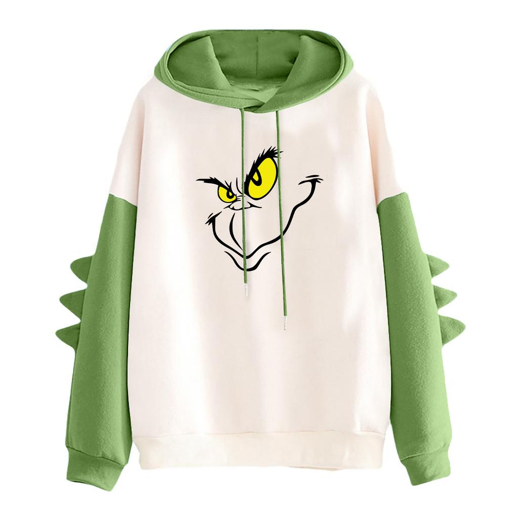 Women's Christmas Printed Contrasting Dinosaur Loose Casual Hoodie