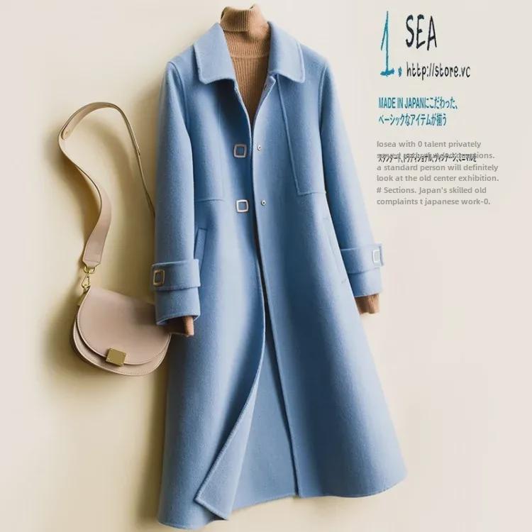 2021 Slim Double-Sided Wool Mid-Length Coat with Square Buttons and Doll Collar