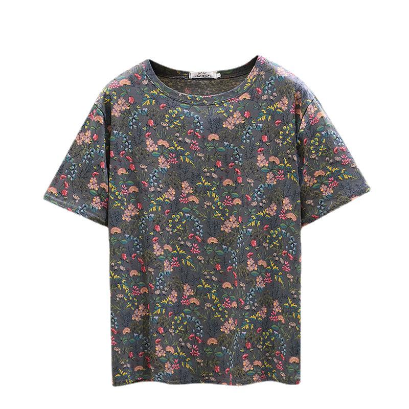 Женская футболка с цветочным принтом, с коротким рукавом - Лето 2023, Приталенный свободный крой, Модная омолаживающая блузка для мам
