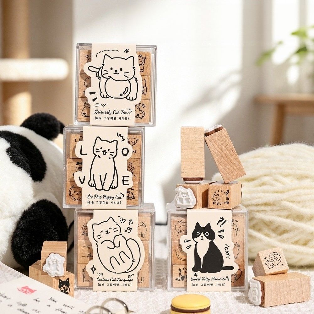 9pcs Cat‘s Daily Life Rubber Stamp Acrylic Box Students Stamps Wood Stamps Set Scrapbooking Decor