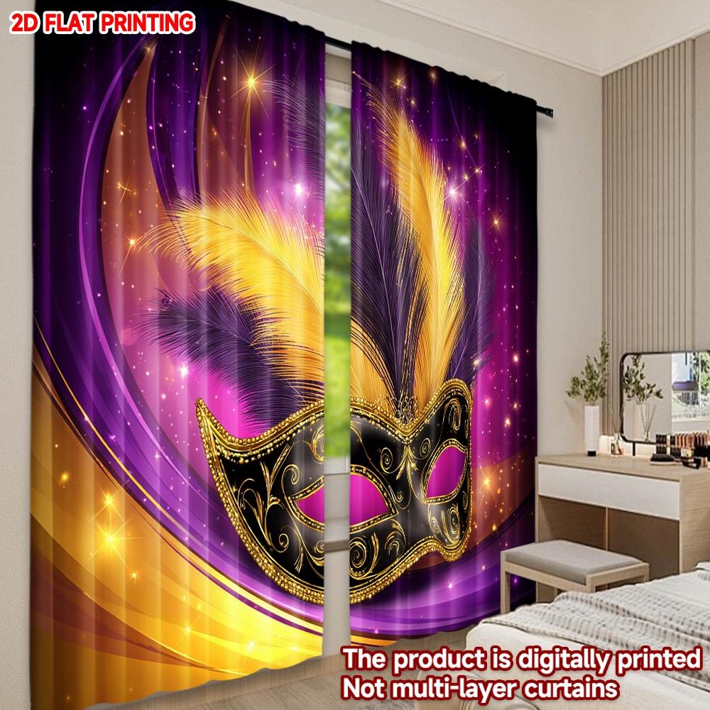 2D flat printing 2pcs Curtain Party Window Curtains Carnival Mask with Feathers(1) Digital Printed Polyester Drapes Birthday