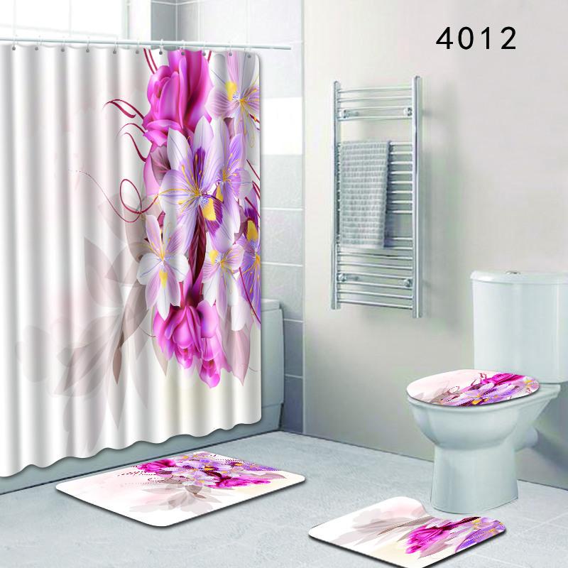 Painted Flowers Bathroom Shower Curtain Floor Mat Toilet Cover Foot Mat Four-Piece Pattern Size Fixed Zhi
