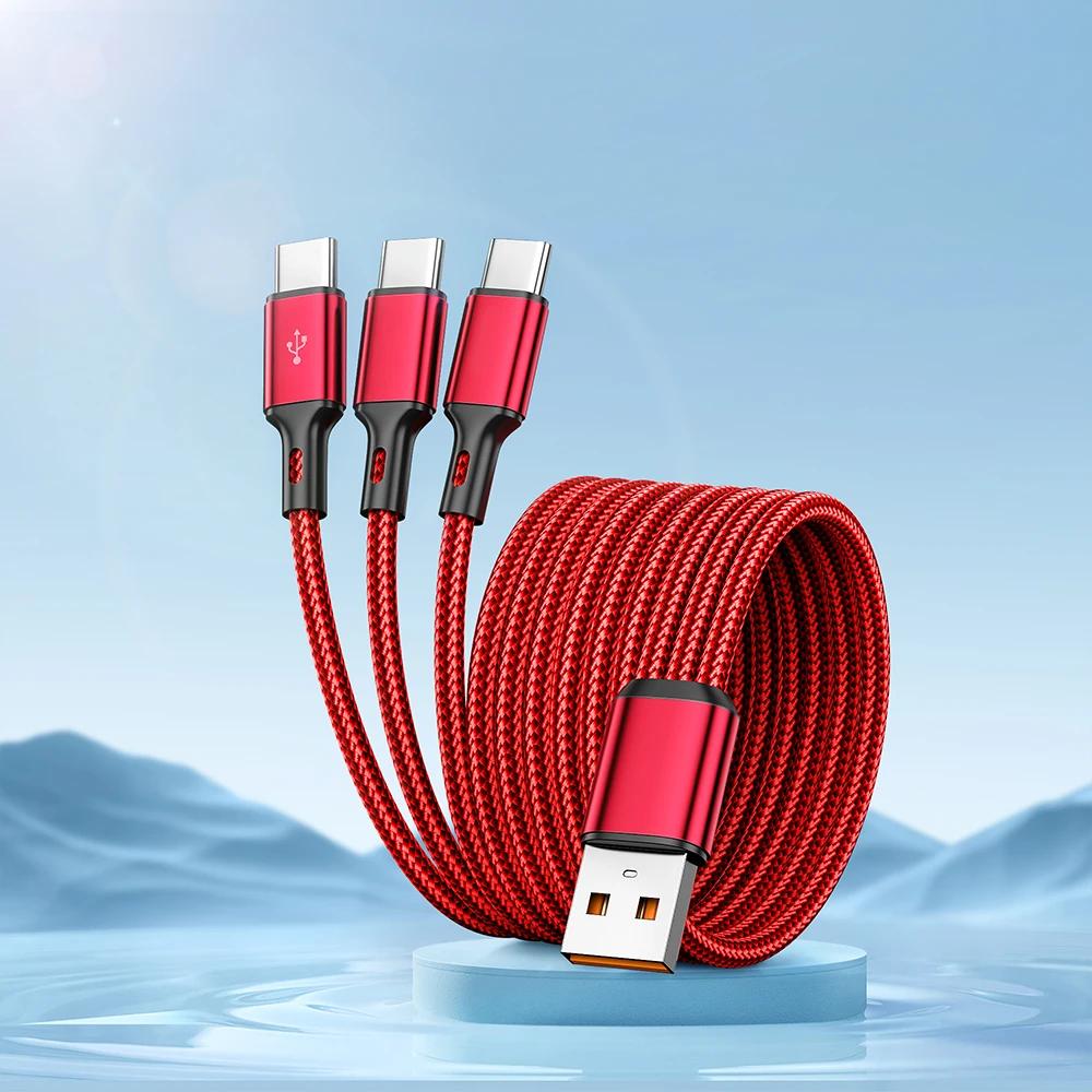 100W 6A 3 in 1 USB-A to 3 ×Type-C Fast Charging Cable For Samsung Galacy S24 Xiaomi Redmi Huawei Multi-port USB C Charge Cable