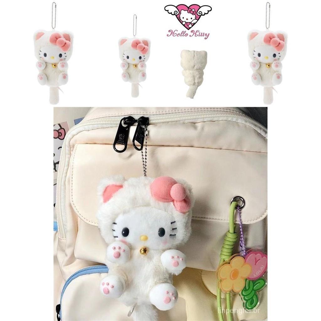 Hellokitty Keyring Keychain With Fluffy Plush Cat Charm