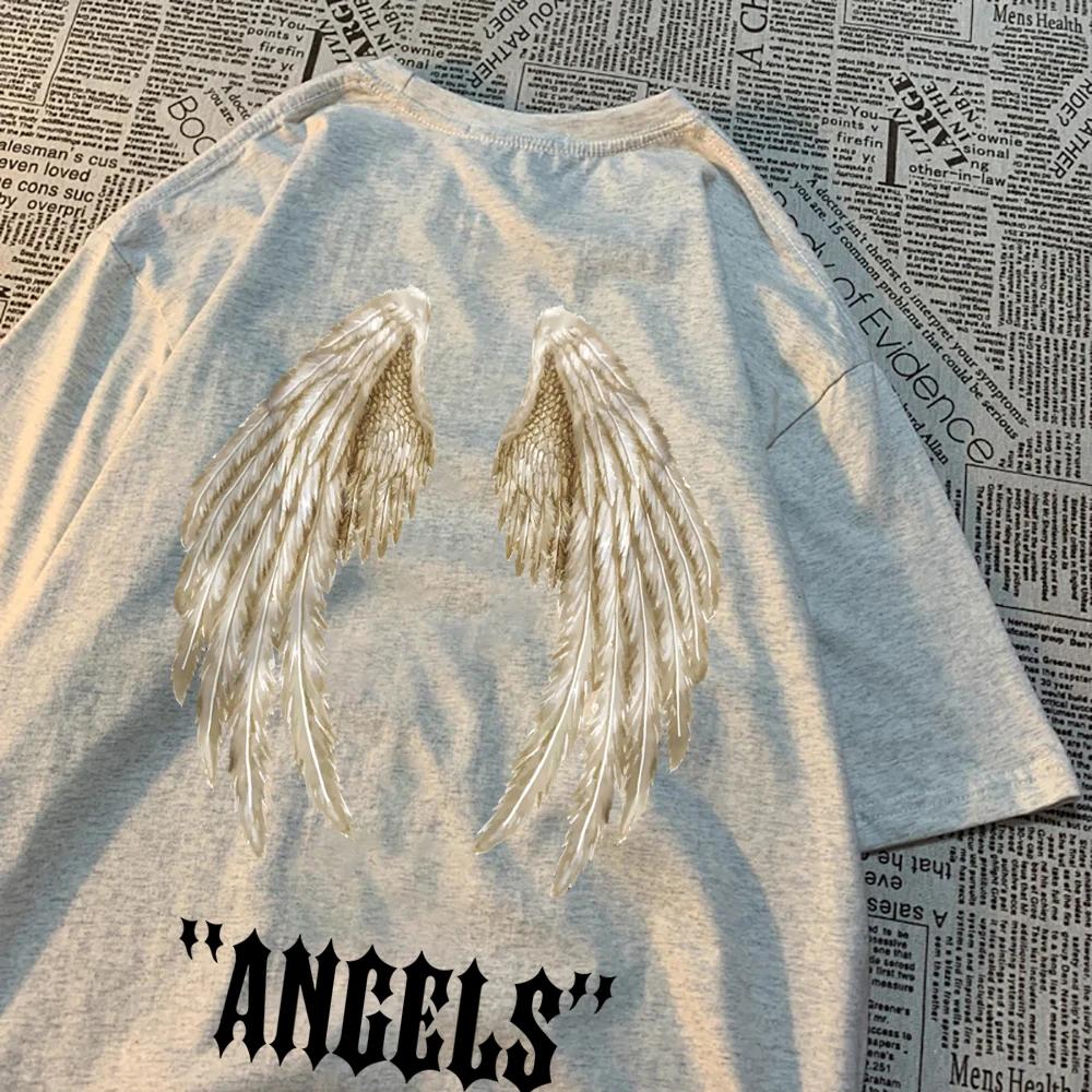Мужская футболка свободного кроя в стиле хип-хоп с изображением крыльев ангела - летняя повседневная одежда из хлопка для пар