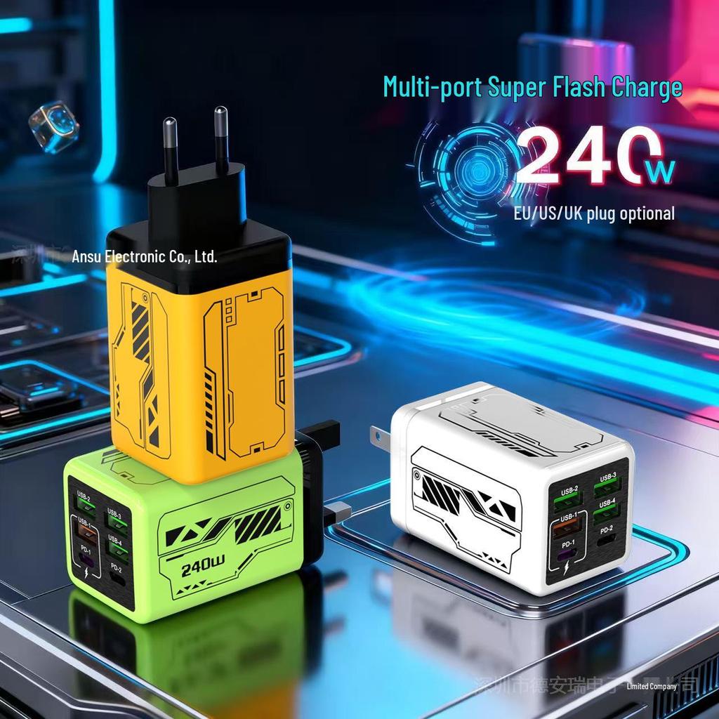 Быстрое зарядное устройство PD240W в стиле меха: 4 порта USB и 2 порта Type-C, Совместимость с устройствами Apple и Huawei