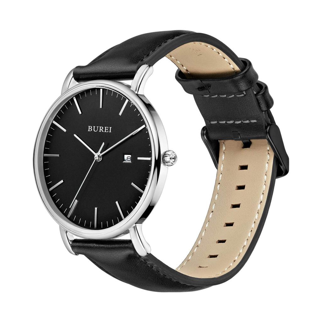 Мужские часы BUREI, Черная кожа, Популярный бренд, Аналоговые, Простые, Водонепроницаемые, Серебристый корпус [Параллельный импорт]