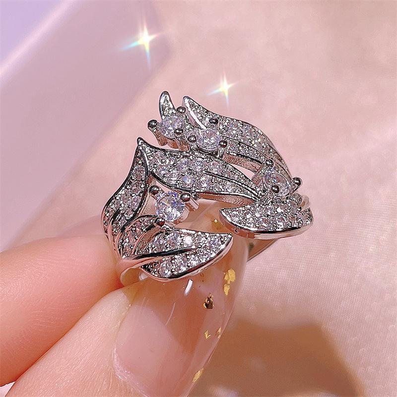 Кольцо Huitan Luxury Trendy Leaf Design для женщин с полностью вымощенным блестящим камнем CZ, новые дизайнерские свадебные кольца, ювелирные изделия для вечеринок