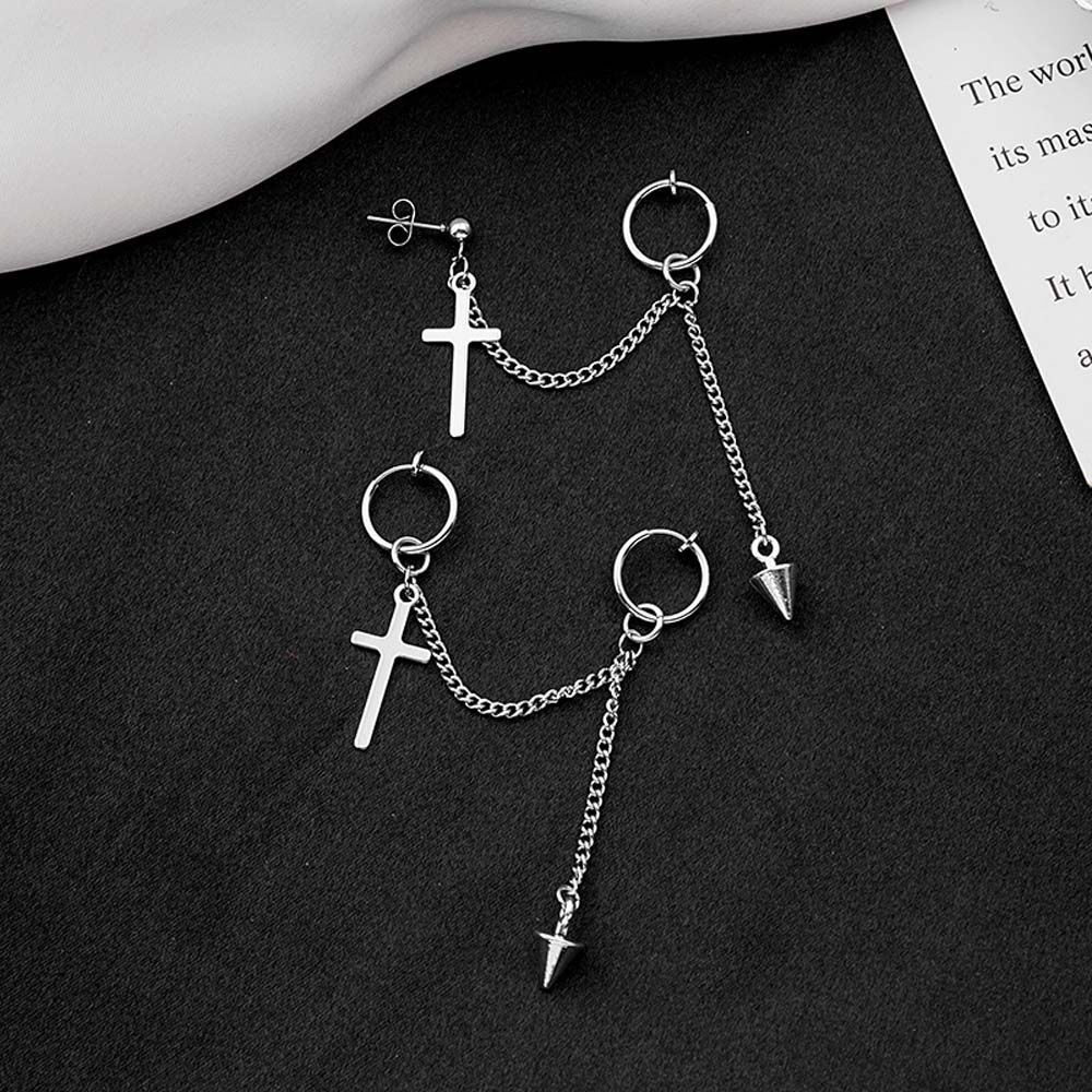 Chain Tassel Cross Pendant Fashion Jewelry Women Dangle Earring Cross Clip Earring Stud Earring