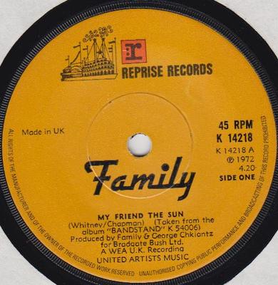 7-дюймовая пластинка FAMILY - My Friend The Sun K14218 Reprise Records 1972 UK Рок Б/У