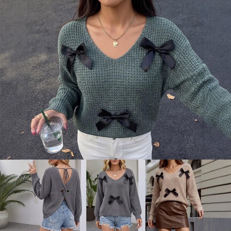 Womens Early Fall Sweater Sexy V-Neck Backless Tie Knit Top Bow Patchwork Streetwear