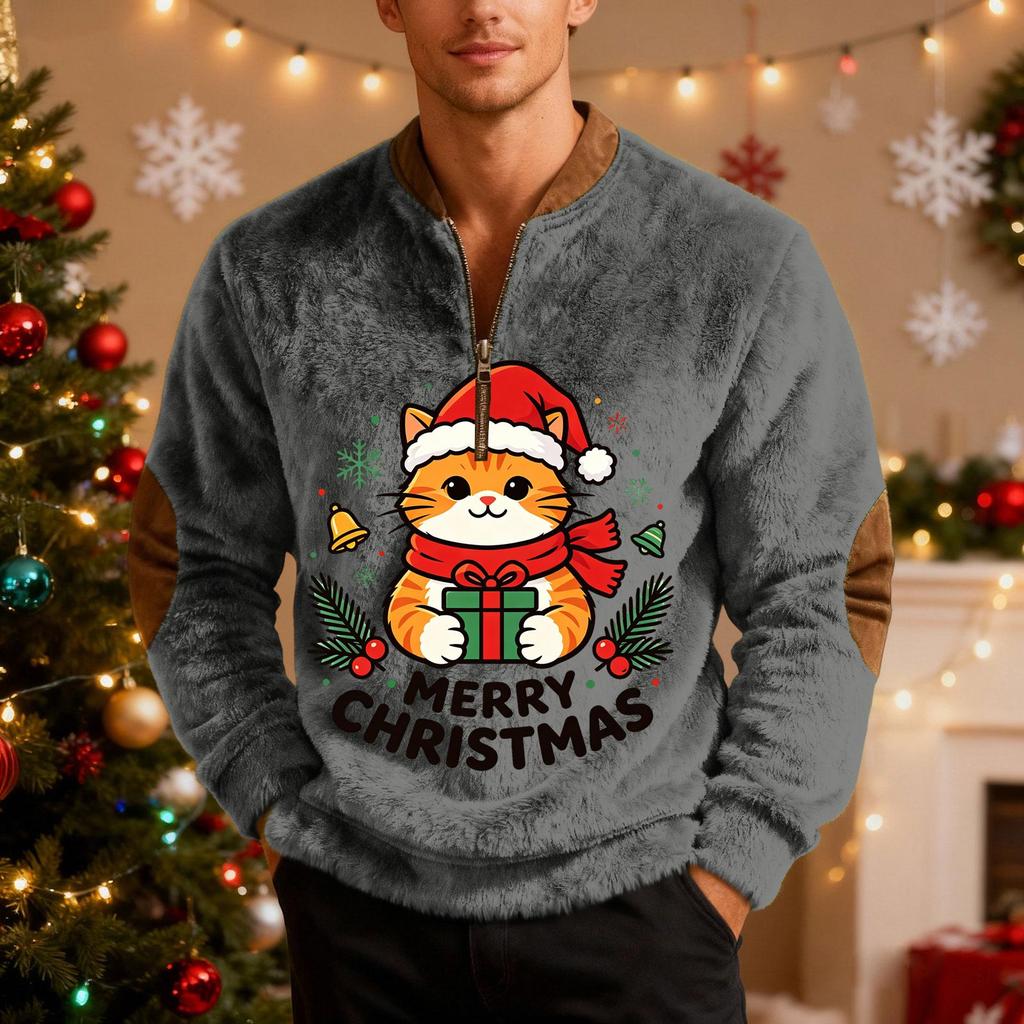 Men's Casual Christmas Print Zip-Up Sweatshirt for Holiday Parties and Everyday Wear