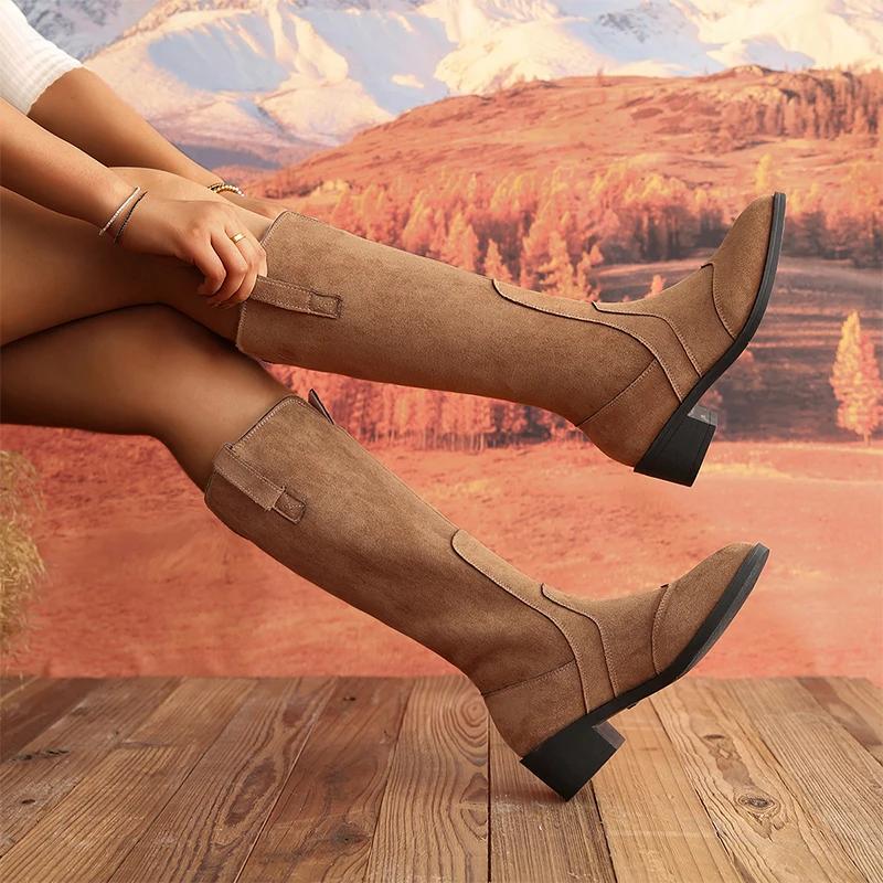 Женские заостренные носки до колена, замшевые туфли на плоской подошве, зимняя мода 2024 года, новые ботинки челси, сексуальное платье, прогулочный бренд Mujer Zapatos