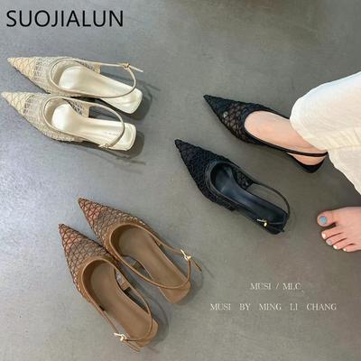 Мода SUOJIALUN Весна Новая Марка Женские Босоножки Мода Острый Носок Ремешок на Щиколотке Женские Элегантные Туфли Слингбэки Тонкий Низкий Каблук Туфли