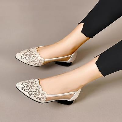 Женские летние сандалии на мягкой подошве Женские сетчатые балетки из мягкой кожи Туфли из кожи с низким вырезом Туфли на массивном каблуке с круглым носком Ажурные туфли