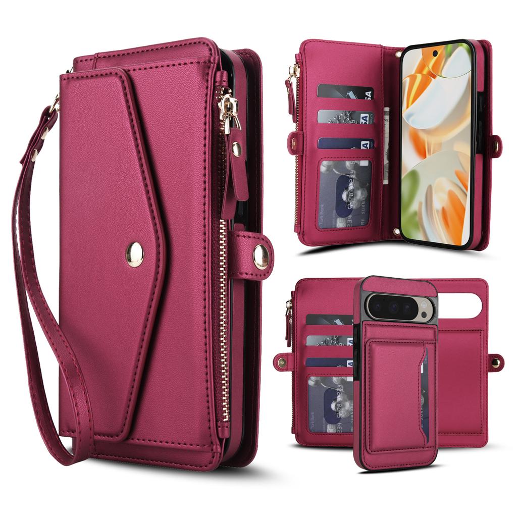 Для Google Pixel 9 Pro XL Чехол-кошелек Магнитный Съемный Кожаный Чехол для телефона из ПУ с 2 ремешками