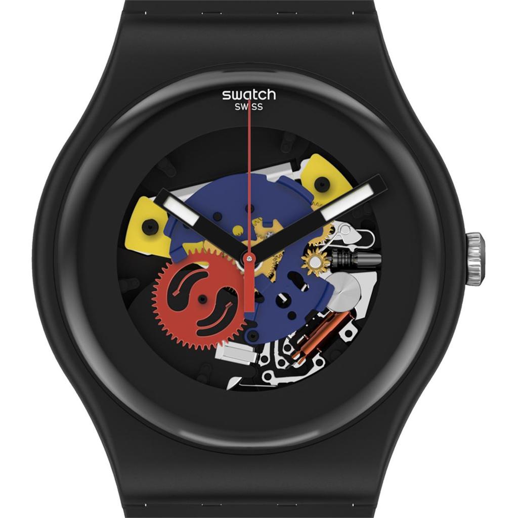 Swatch Кварцевые часы с функцией ночного возврата, водонепроницаемые, 41 мм, черный циферблат, корпус из био-основы, ремешок из силикона на основе био-материалов, унисекс, SO29B107