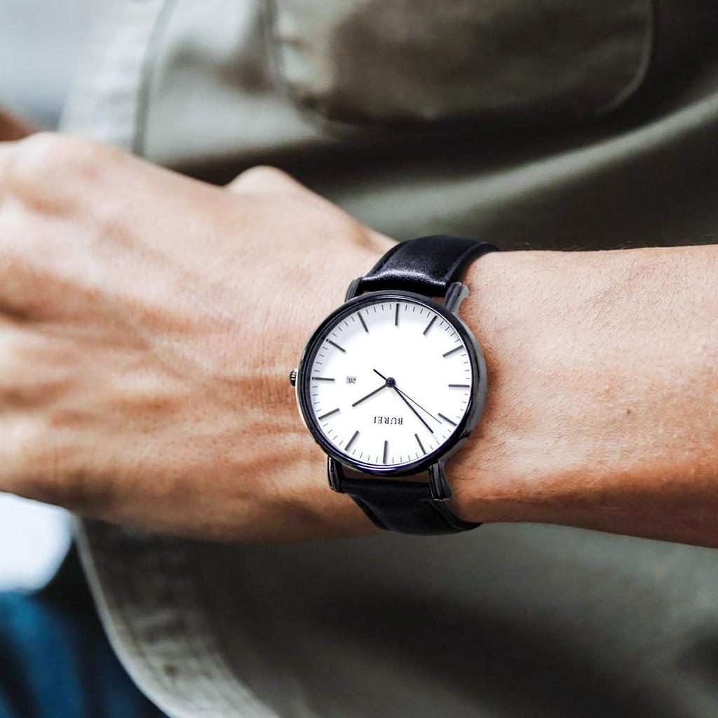 Часы BUREI кожаные популярные брендовые аналоговые простые водонепроницаемые часы стильные часы для поездок на работу и для мужчин (Черный-черный белый) [Продукт]