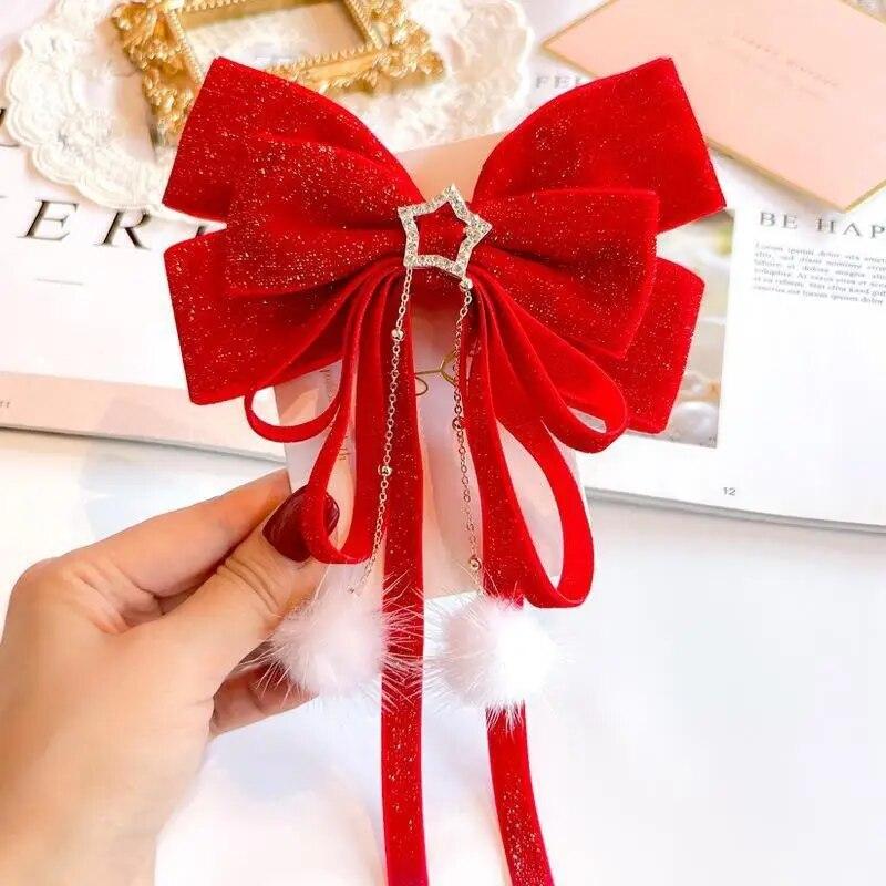 Red Velvet Bows Hair Ribbons Scrunchies for Women Girls Long Elastic Hair Ties Headwears Female Kids Styling Tools