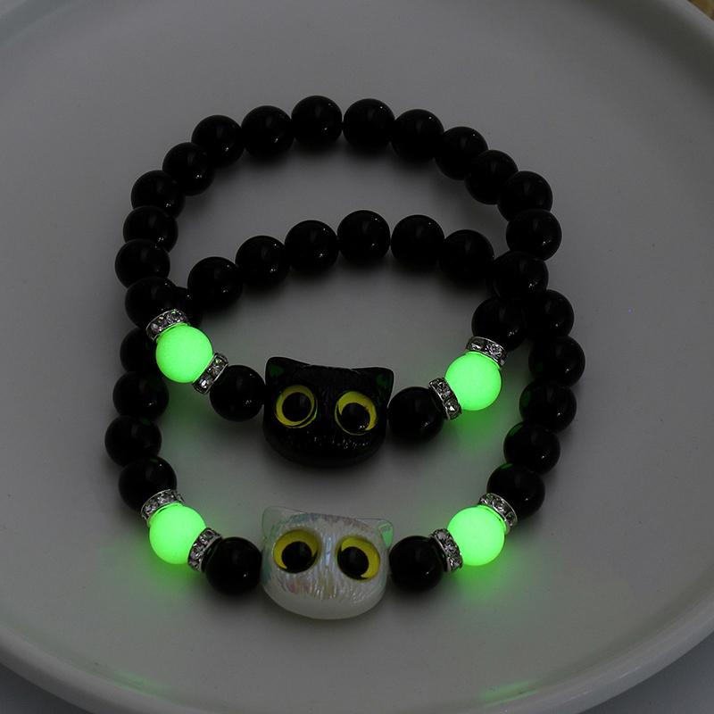 1Pc Cute Big Eye Cat Luminous Bracelets For Women Cartoon Animal Pendant Beaded Hand Chain Friendship Couple Bracelet Jewelry Gift