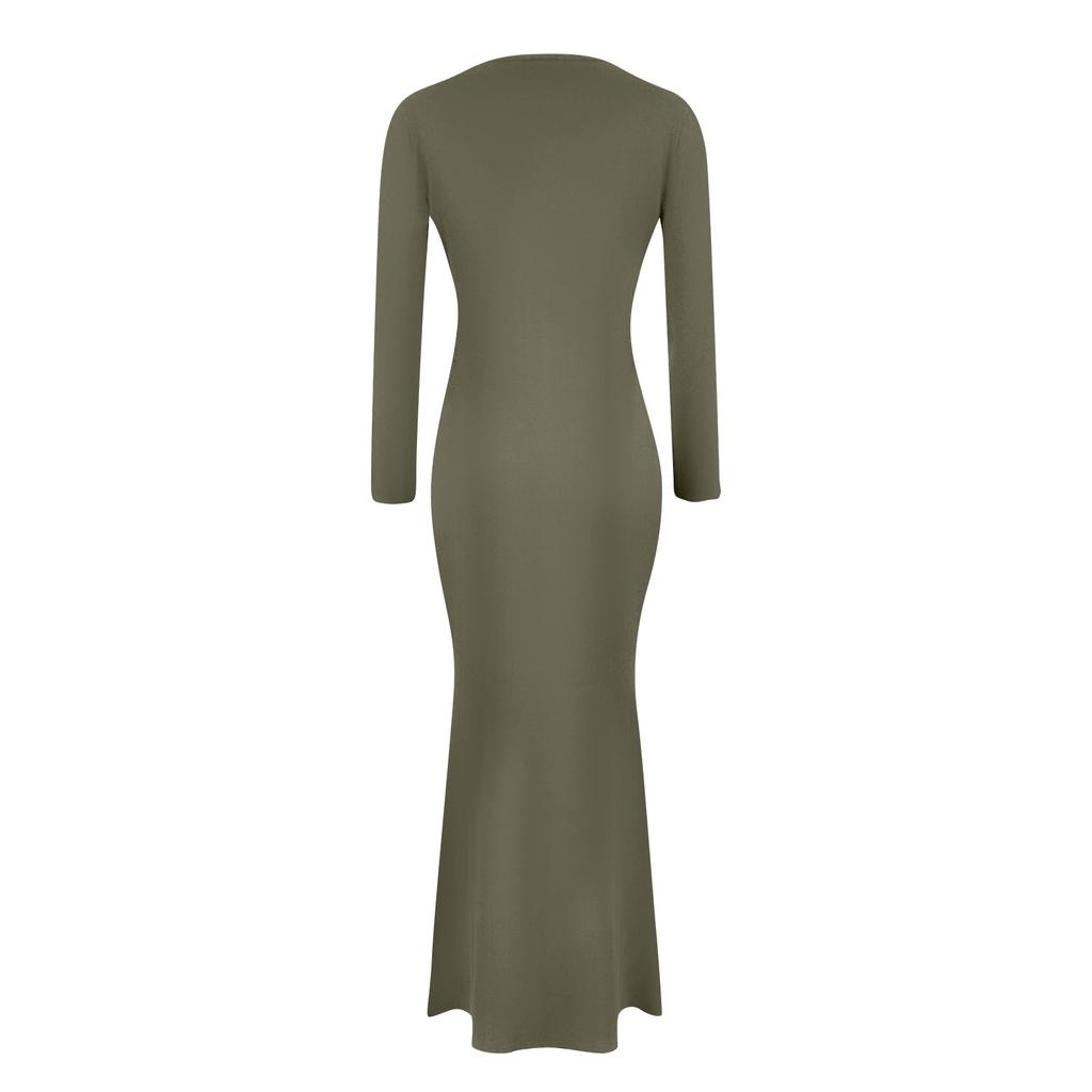 Женское модное и элегантное однотонное облегающее длинное платье с круглым вырезом и длинными рукавами