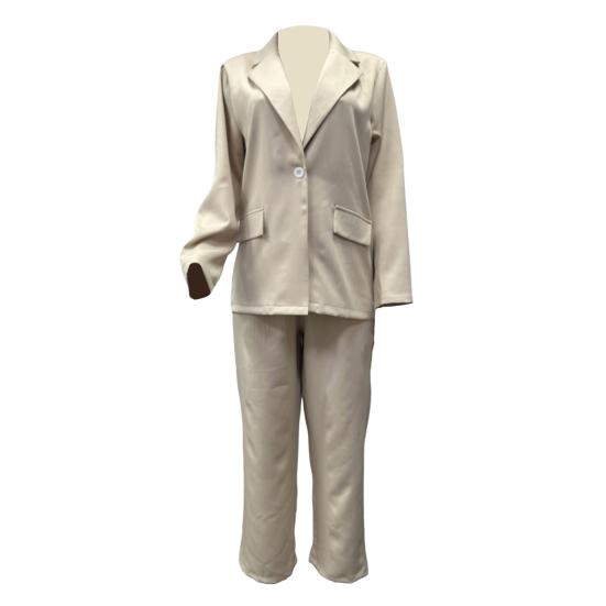 2 Pcs/Set Women Suit Coat Pants Set Single Button Lapel Long Sleeves Soid Color High Waist Straight Trousers OL Commute Business Formal Style Outfit