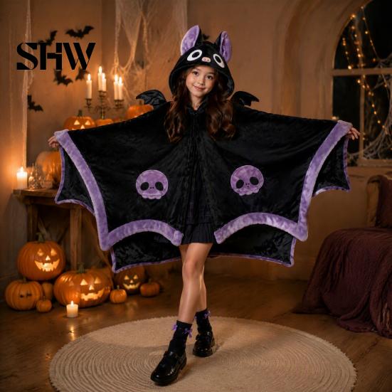 Warm Fleece Loungewear Halloween Bat Blanket Hoodie, Plush Wearable Hooded Costume Cape, Oversized Cartoon Sleepwear for Women Loose Fit