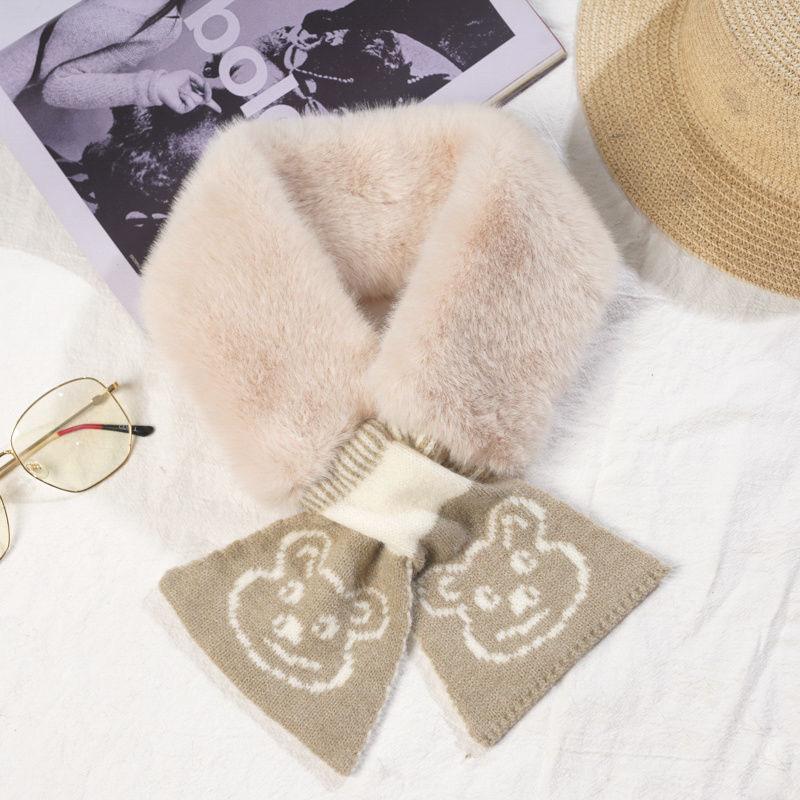 New Bear Scarf Women's Korean Style Winter Warm Wool Imitation Rabbit Hair Solid Color Versatile Plush Scarf