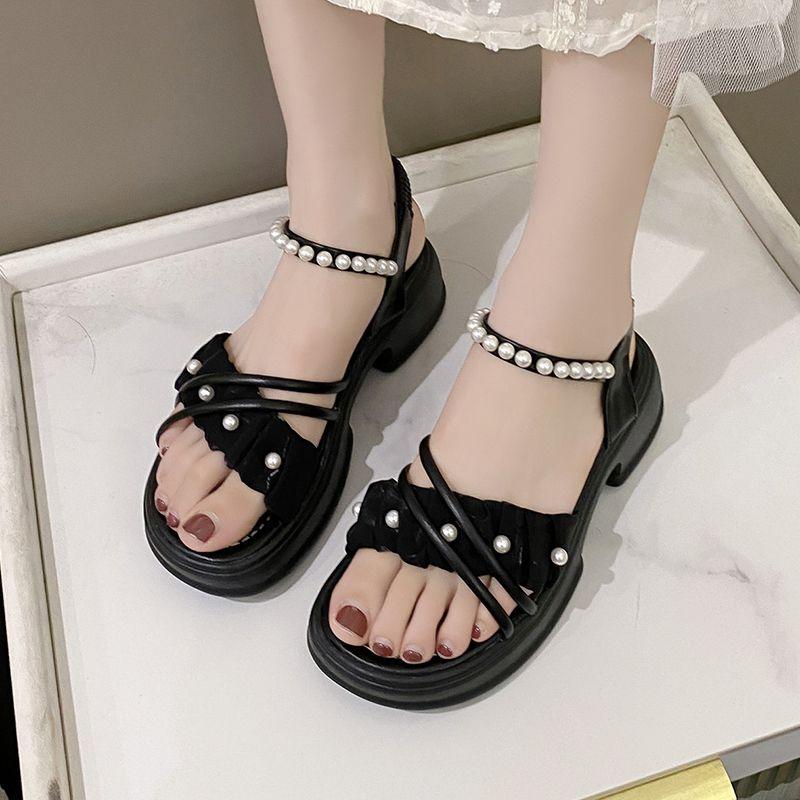 Клинья на платформе Водонепроницаемые Средние каблуки Жемчужные женские сандалии Vip Корея 2025 Роскошные Летние Предложения Противоскользящие Горячие Женские Туфли