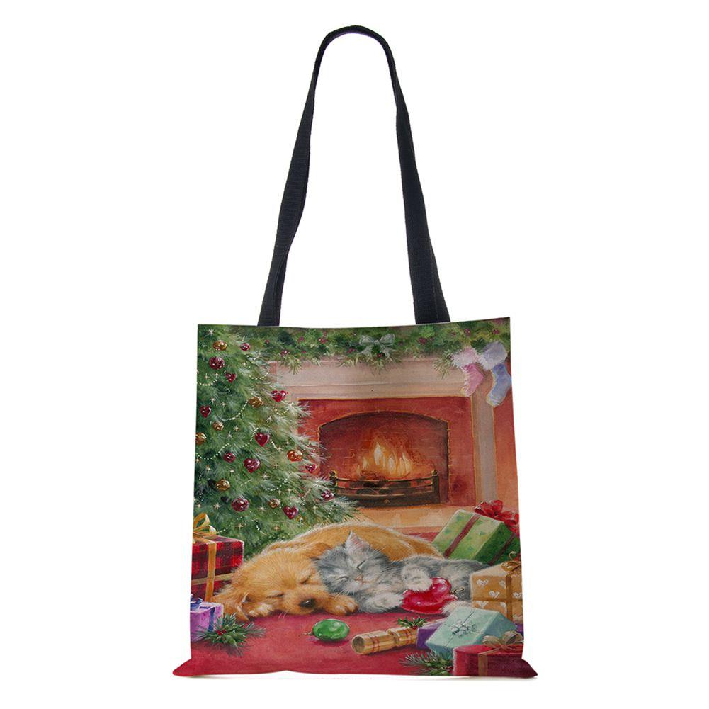 Рождественская елка Подарок Харадзюку Холщовая сумка-шоппер Рождественская собака Женская многоразовая сумка через плечо Большая вместимость Складная сумка для хранения KTY