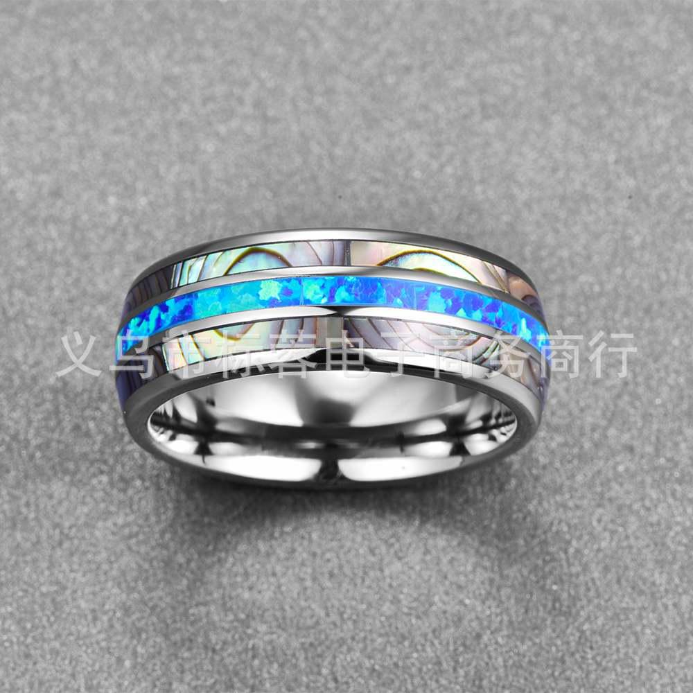 Мужское кольцо из вольфрамовой стали шириной 8 мм с полированным куполом и инкрустацией опалом и раковиной абалона с тремя канавками