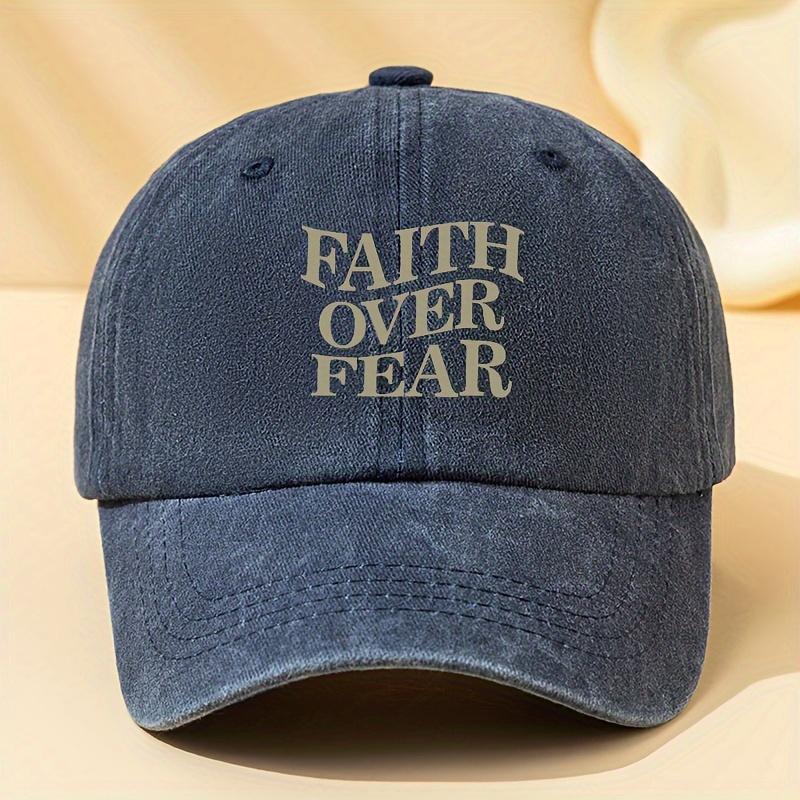 FAITH OVER FEAR Letter Printed Washed Baseball Cap Outdoor Adjustable Mens Baseball Cap Vintage Style Polyester Fabric