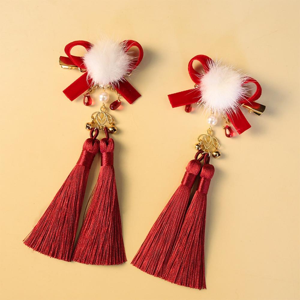Red Chinese Style Ancient Hairpin Pearl Chinese New Year Side Clip Hanfu Hair Clip  Women