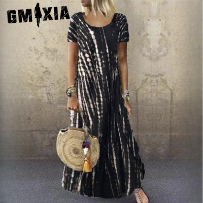 Платье с круглым вырезом и коротким рукавом с принтом тай-дай, свободное, длинное, большие повседневные платья