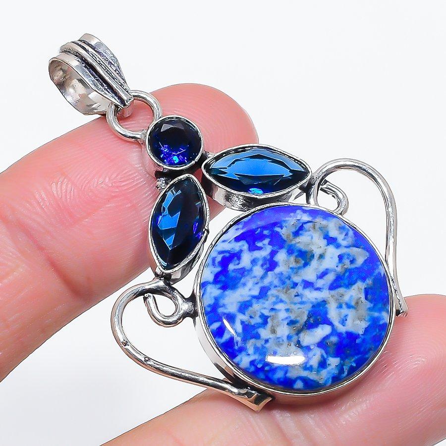 Natural Lapis Lazuli, Topaz 925 Sterling Silver Jewelry Pendant 2.01" z9V56